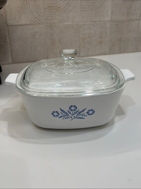 Corningware White Covered Casserole with Blue Floral Motif